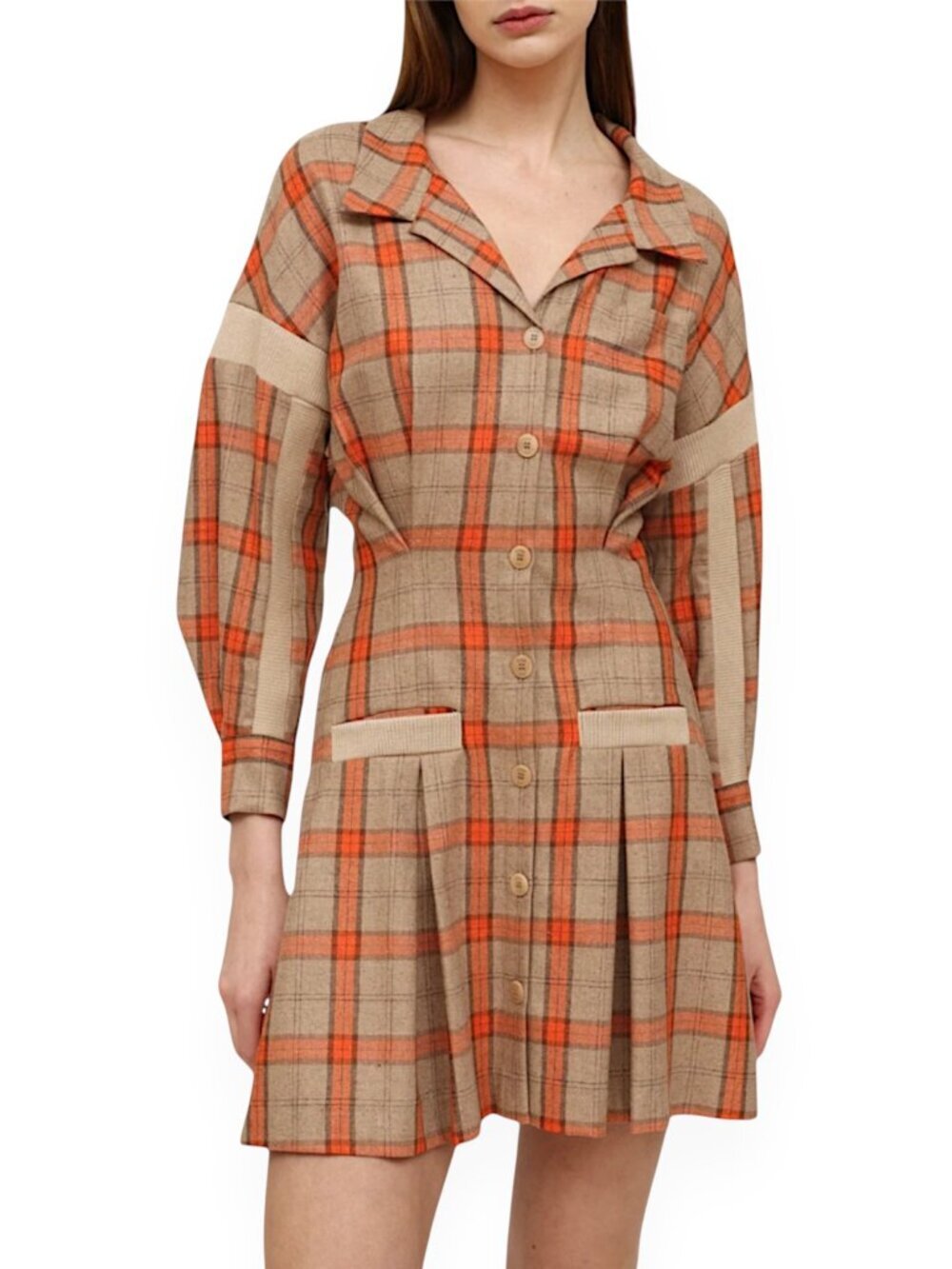 Maje Ravellino Camel Orange Check Plaid Woven Shirt Mini Dress NWT New 38 6